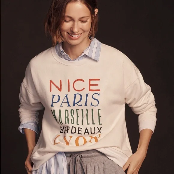 Anthropologie Cream Graphic Sweatshirt - Picture 2 of 9